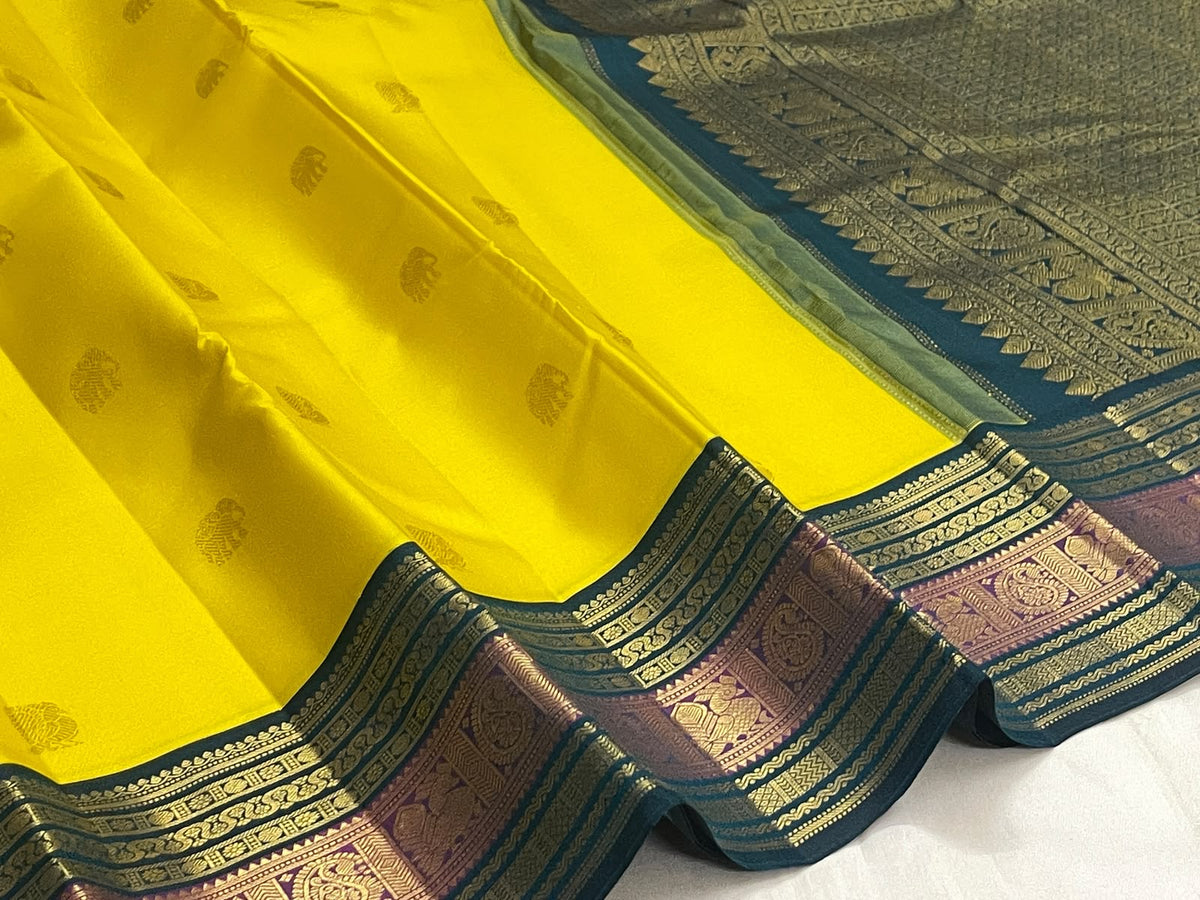 CANARY YELLOW WITH PEACOCK TEAL BLUE & PURPLE TRADITIONAL BORDER KSC 01