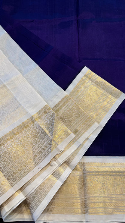 INDIGO PURPLE WITH IVORY HANDLOOM KANCHIPURAM SILK COTTON (KSC135)