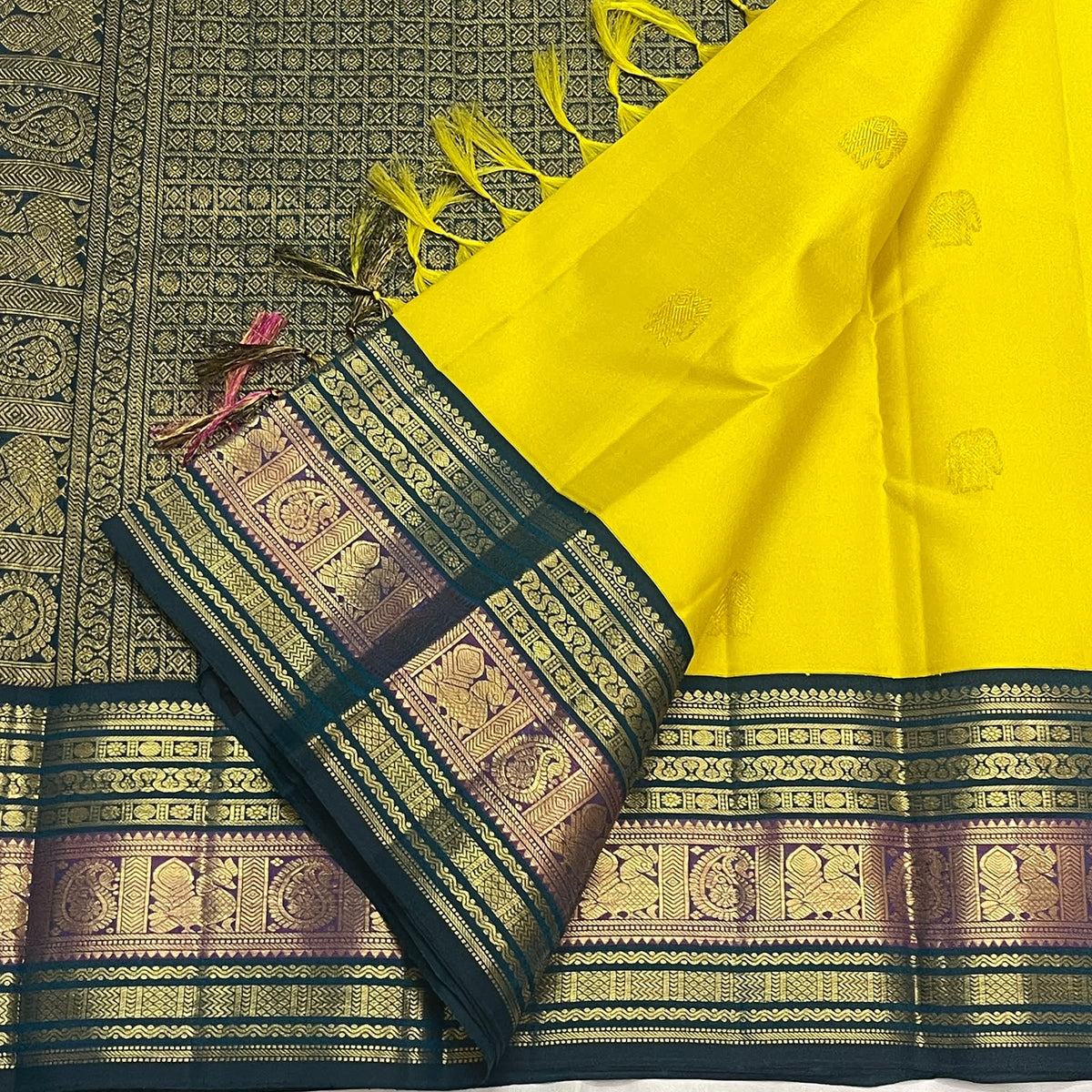 CANARY YELLOW WITH PEACOCK TEAL BLUE & PURPLE TRADITIONAL BORDER KSC 01