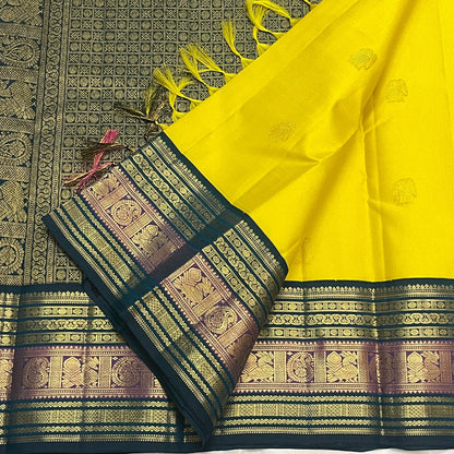 CANARY YELLOW WITH PEACOCK TEAL BLUE & PURPLE TRADITIONAL BORDER KSC 01
