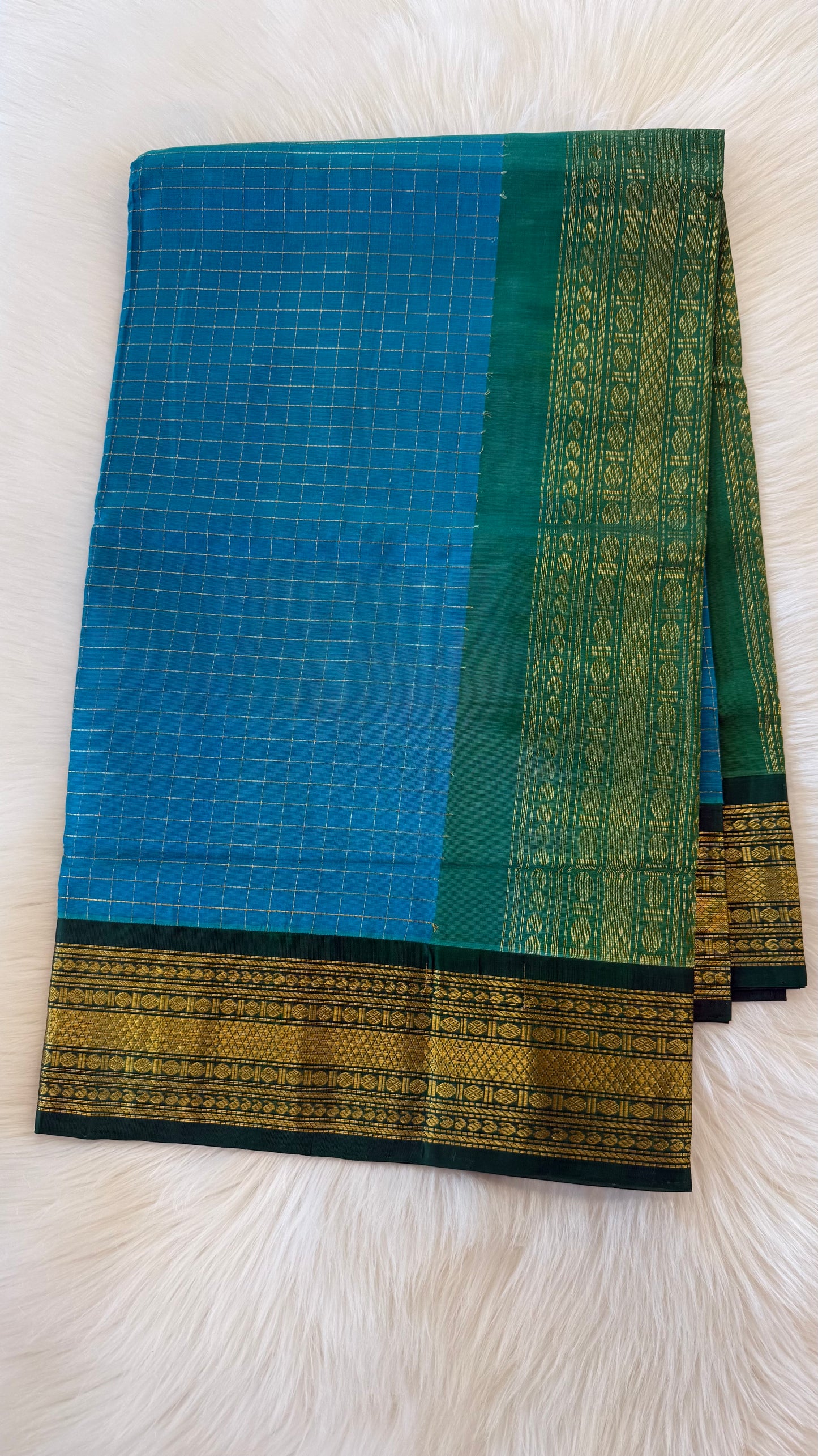 DUAL TONE TURQUOISE BLUE AND GREEN HANDLOOM KANCHIPURAM SILK COTTON (KSC37)