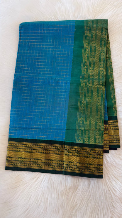 DUAL TONE TURQUOISE BLUE AND GREEN HANDLOOM KANCHIPURAM SILK COTTON (KSC37)