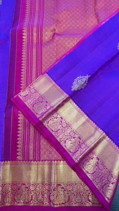 PURPLE WITH CONTRAST RANI PINK GOLD ZARI HANDLOOM KANCHIPURAM SILK SAREE (KSS384)