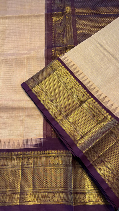 CHECKED PEACH WITH DARK PURPLE HANDLOOM KANCHIPURAM SILK COTTON (KSC142)