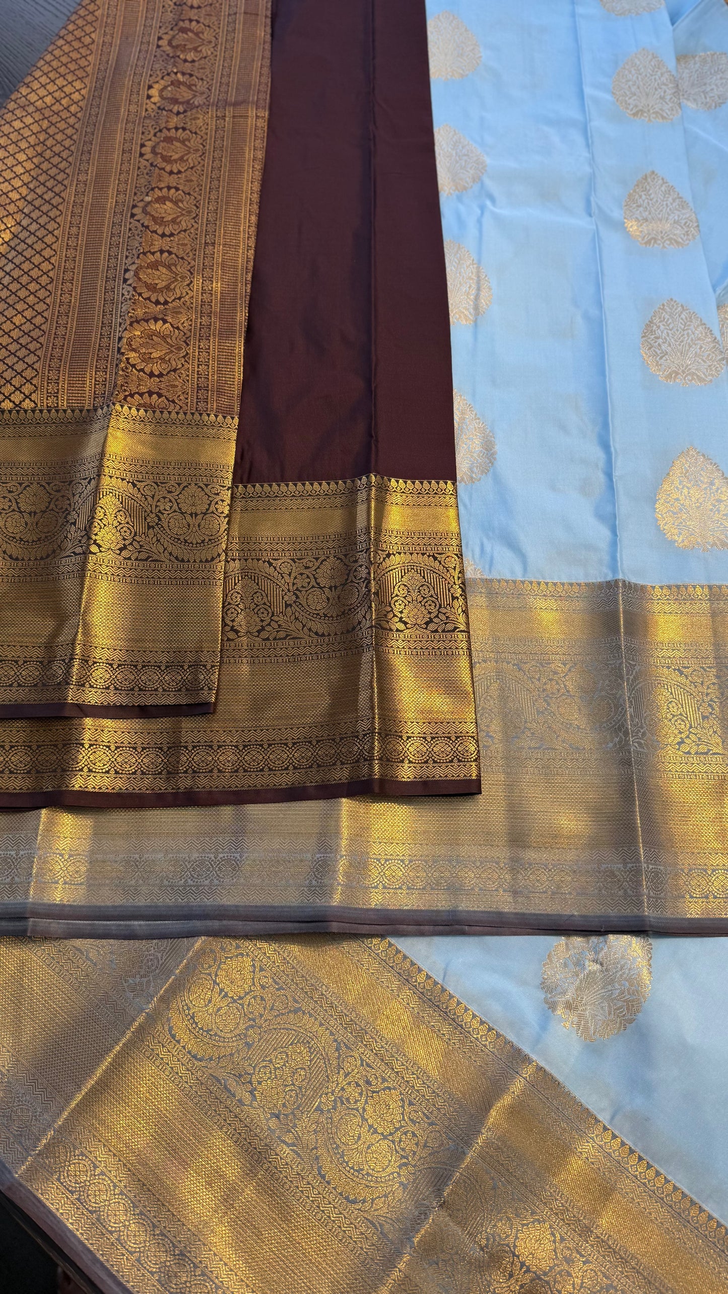 PASTEL BLUE WITH CONTRAST CHOCOLATE BROWN SEMI SILK KANICHIPURAM SILK SAREE (SSKS01)