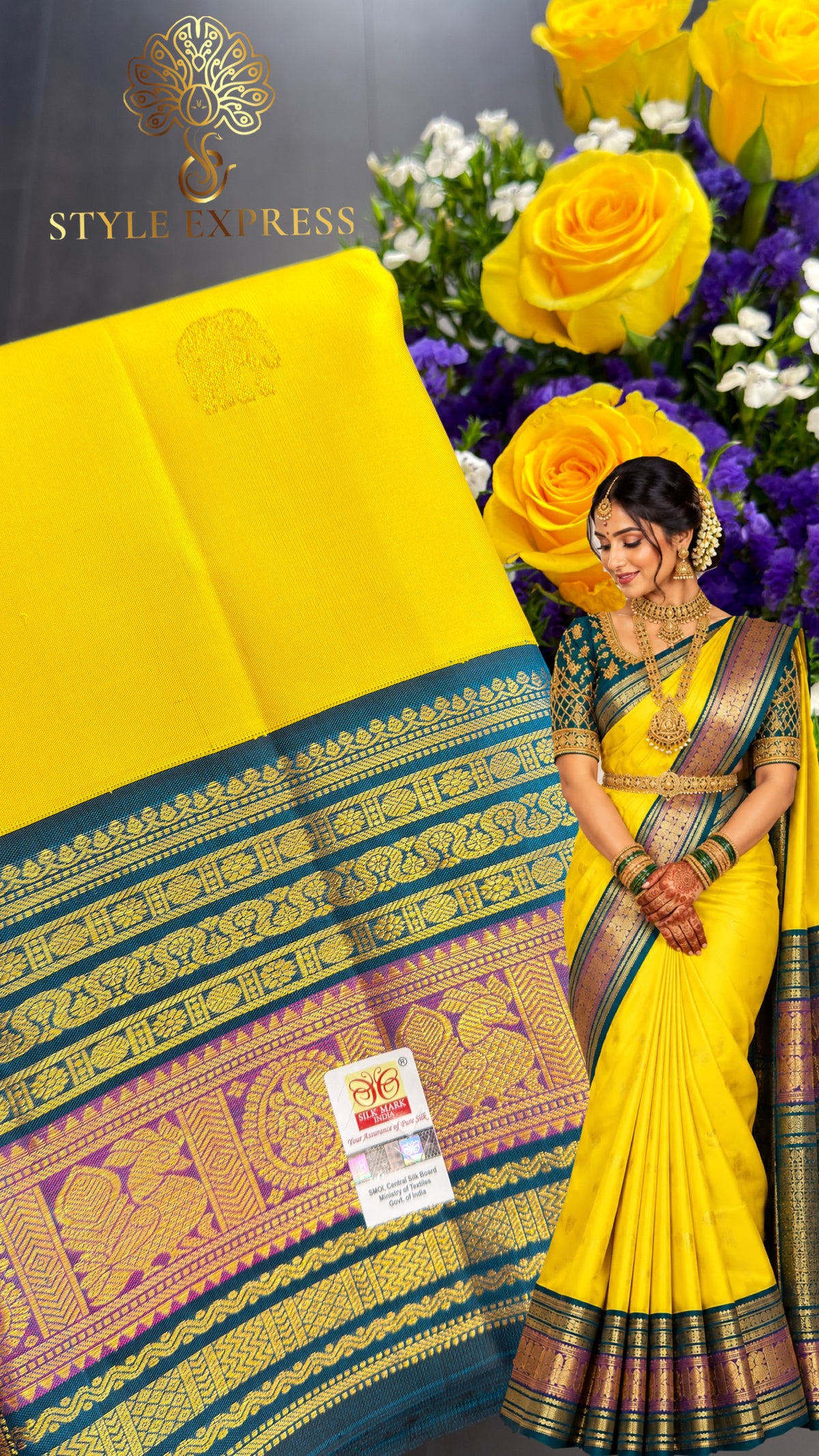 CANARY YELLOW WITH PEACOCK TEAL BLUE & PURPLE TRADITIONAL BORDER KSC 01