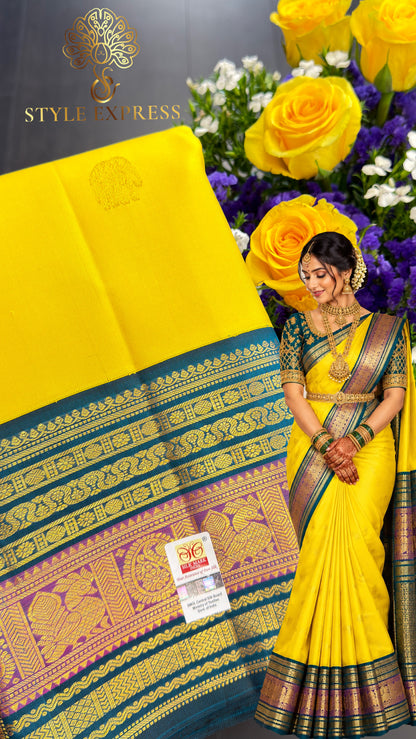 CANARY YELLOW WITH PEACOCK TEAL BLUE & PURPLE TRADITIONAL BORDER KSC 01