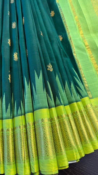 BOTTLE GREEN WITH CONTRAST BRIGHT GREEN PURE HANDLOOM KANCHIPURAM SINGLE SIDE BORDER SILK SAREE (KSSB27)