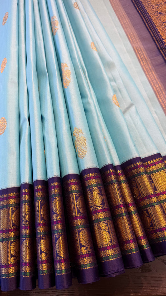 SKY BLUE WITH CONTRAST INDIGO PURPLE GOLD ZARI HANDLOOM KANCHIPURAM SILK SAREE (KSS 499)
