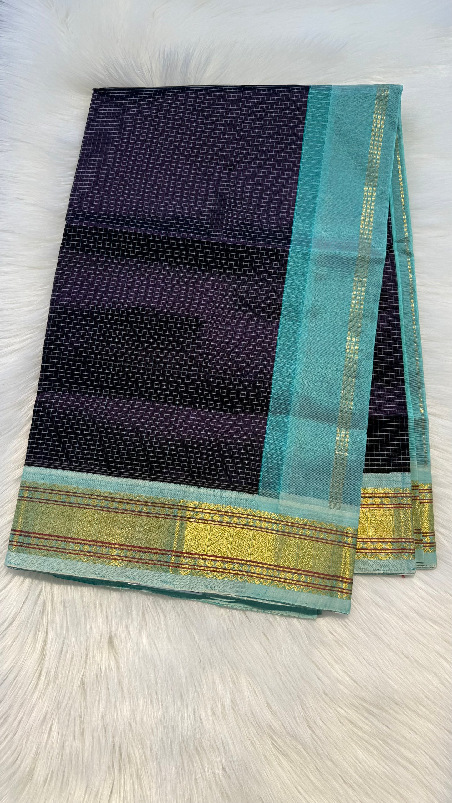 CHECKED PURPLE WITH PASTEL MINT HANDLOOM KANCHIPURAM SILK COTTON (KSC76)