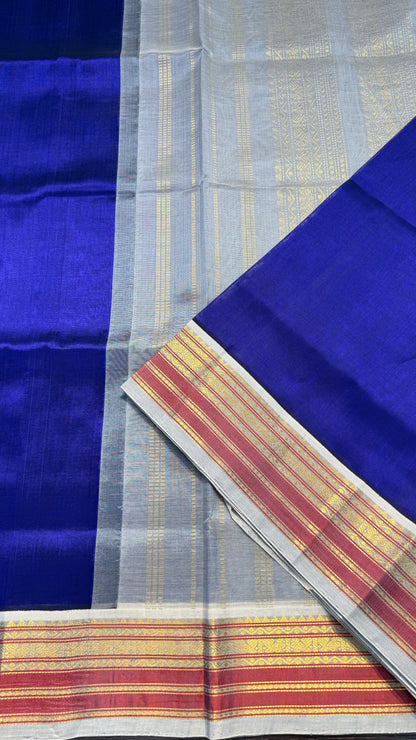 ROYAL BLUE WITH CONTRAST ASH GREY KANCHIPURAM SILK COTTON (KSC34)