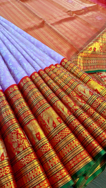BRIDAL PASTEL LILAC PURPLE GOLD & SILVER ZARI HANDLOOM KANICHIPURAM SILK SAREE (KSS97)