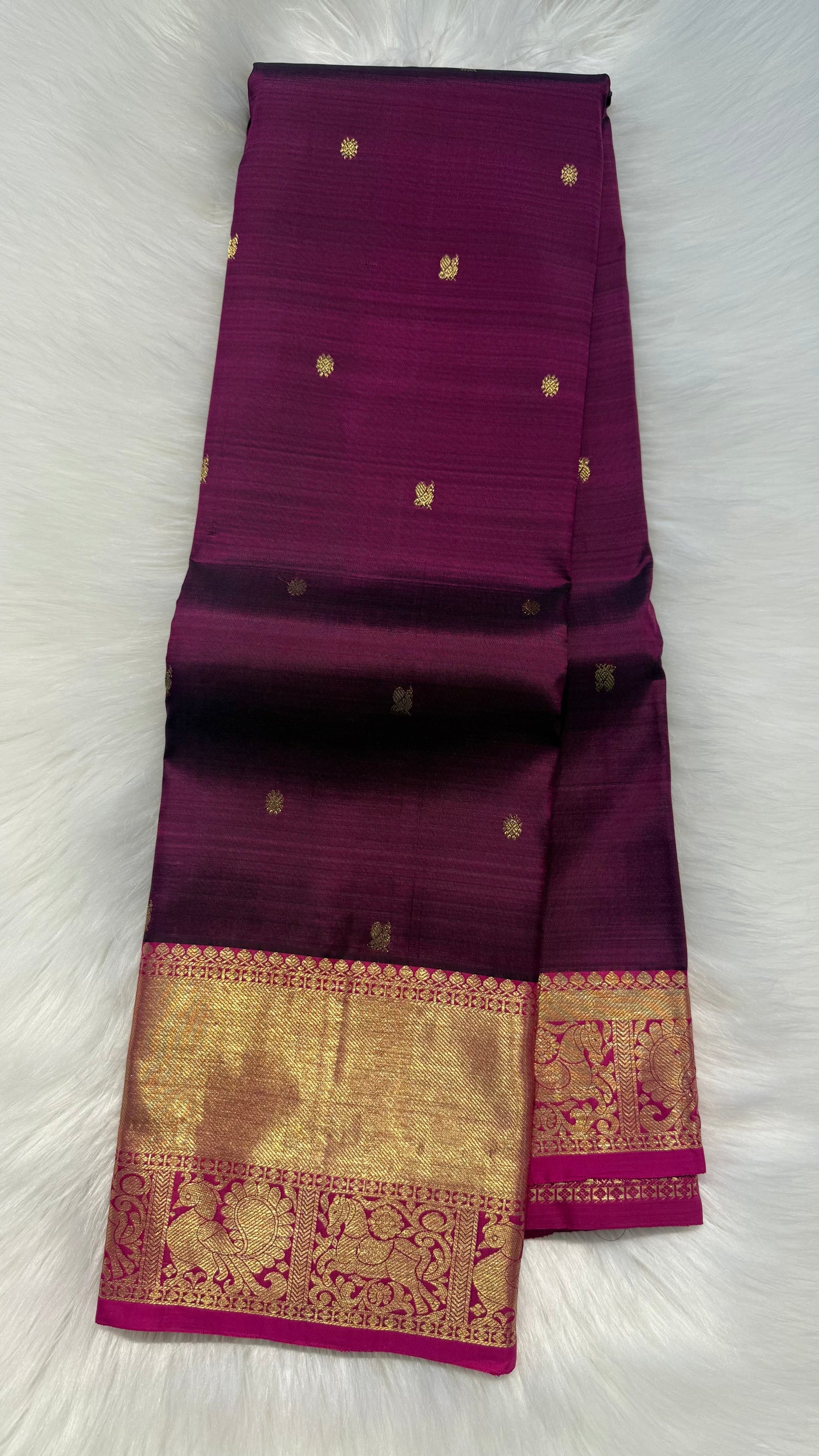 WINE PURPLE WITH CONTRAST PINK GOLD ZARI HANDLOOM KANCHIPURAM SILK SAREE (KSS375)