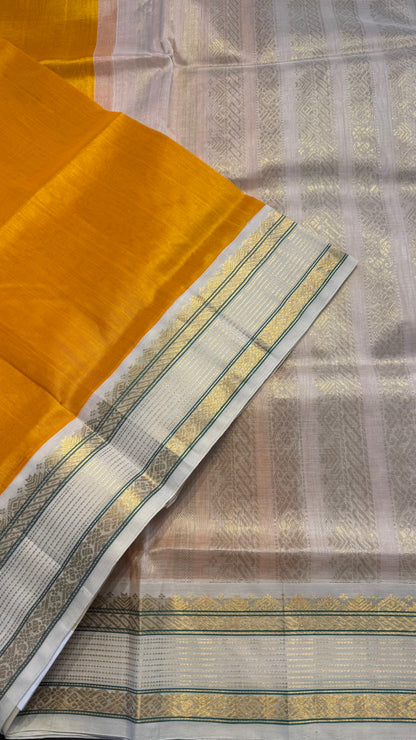 GOLDEN MUSTARD WITH OFF WHITE HANDLOOM KANCHIPURAM SILK COTTON (KSC121)