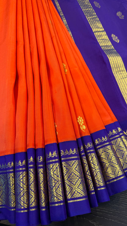 ORANGE WITH CONTRAST PURPLE PURE HANDLOOM KANCHIPURAM SINGLE SIDE BORDER SILK SAREE (KSSB17)