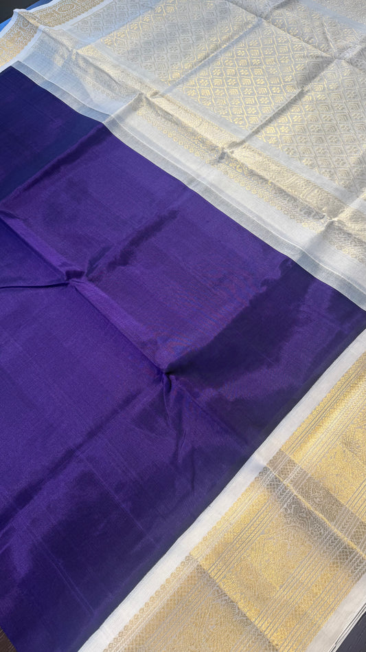 INDIGO PURPLE WITH IVORY HANDLOOM KANCHIPURAM SILK COTTON (KSC135)
