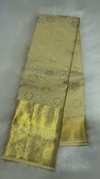 OFF WHITE GOLD ZARI PURE KANCHIPURAM HANDLOOM SILK SAREE SILK(KSS 597)