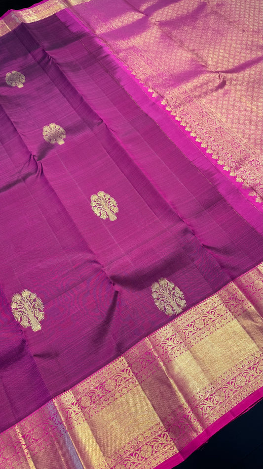 WINE PURPLE WITH CONTRAST PINK GOLD ZARI HANDLOOM KANCHIPURAM SILK SAREE (KSS381)