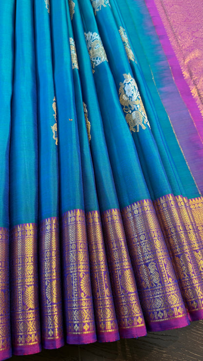 DUAL TONE PEACOCK BLUE WITH CONTRAST VADAMALLI PURPLE HANDLOOM PURE KANCHIPURAM SILK SAREE (KSS156)