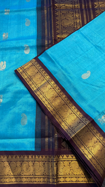 TURQUIOSE BLUE WITH CONTRAST DARK BROWN HANDLOOM KANCHIPURAM SILK COTTON (KSC120)