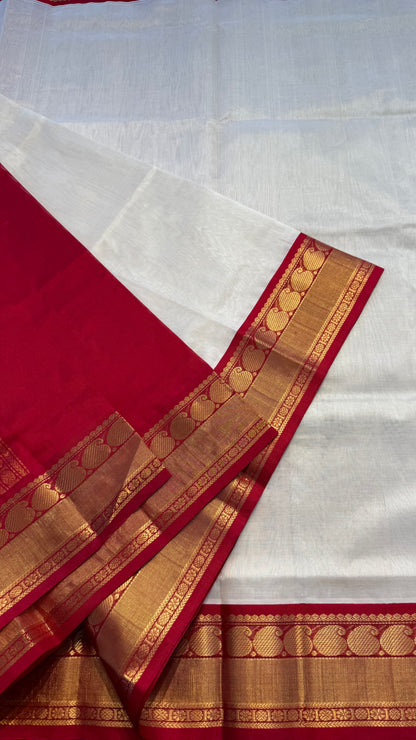 CREAM WITH RED BORDER HANDLOOM KANCHIPURAM SILK COTTON (KSC93)