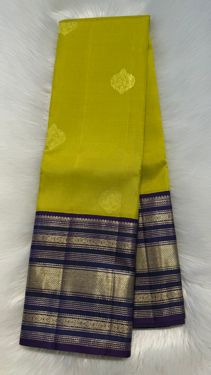 LIME YELLOW WITH CONTRAST PURPLE GOLD ZARI HANDLOOM KANCHIPURAM SILK SAREE (KSS448)