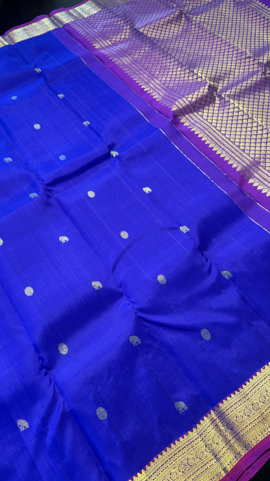 INDIGO WITH CONTRAST VADAMALLI PURPLE GOLD ZARI HANDLOOM KANCHIPURAM SILK SAREE (KSS334)