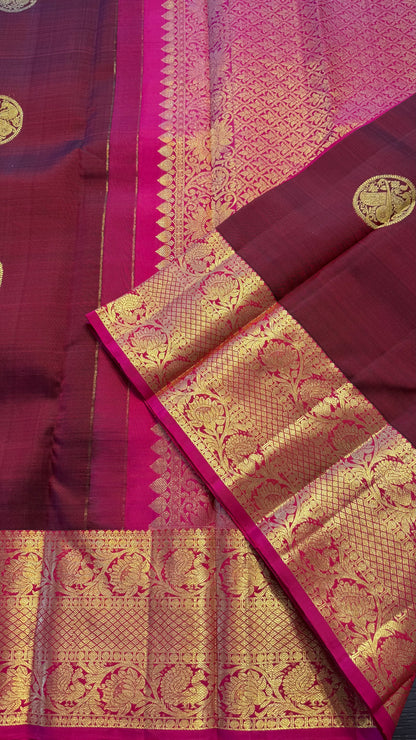 MAROON WITH CONTRAST PINK GOLD ZARI HANDLOOM KANCHIPURAM SILK SAREE (KSS401)
