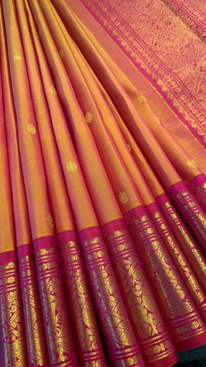 DUAL TONE YELLOW WITH PINK GOLD ZARI HANDLOOM KANICHIPURAM SILK SAREE (KSS175)
