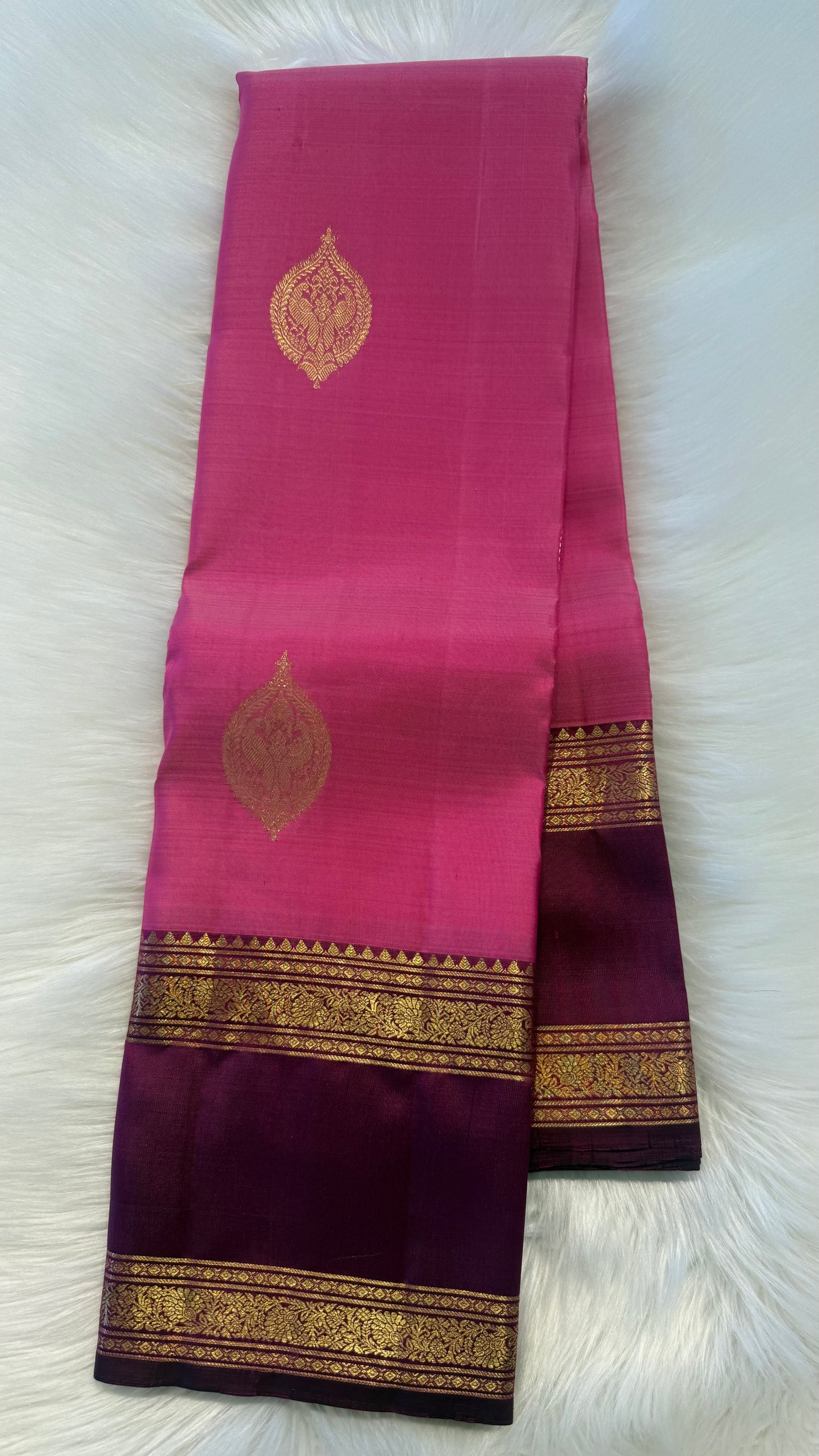 STRAWBERRY PINK WITH CONTRAST BURGUNDY KANCHIPURAM HANDLOOM SILK SAREE (KSS350)