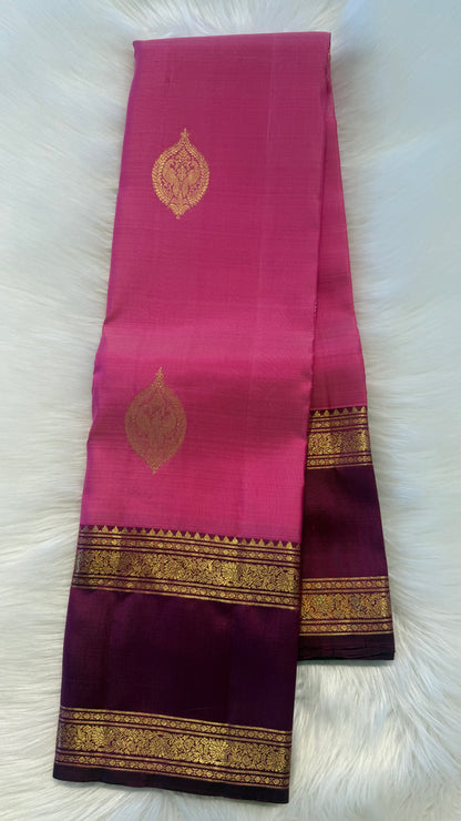 STRAWBERRY PINK WITH CONTRAST BURGUNDY KANCHIPURAM HANDLOOM SILK SAREE (KSS350)