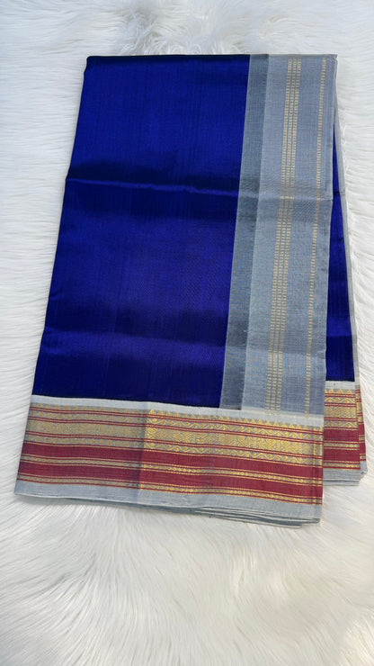 ROYAL BLUE WITH CONTRAST ASH GREY KANCHIPURAM SILK COTTON (KSC34)