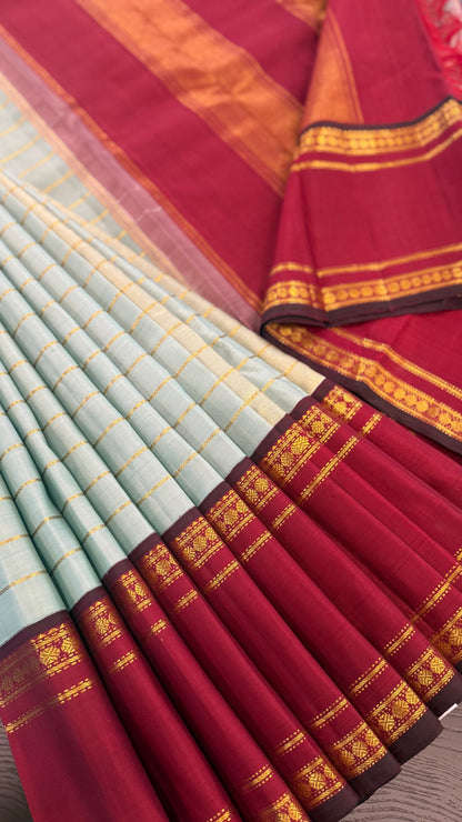 TRADITIONAL TIFFANY BLUE WITH CONTRAST MAROON RETTAI PETTA GOLD ZARI HANDLOOM KANICHIPURAM SILK SAREE (KSS262)