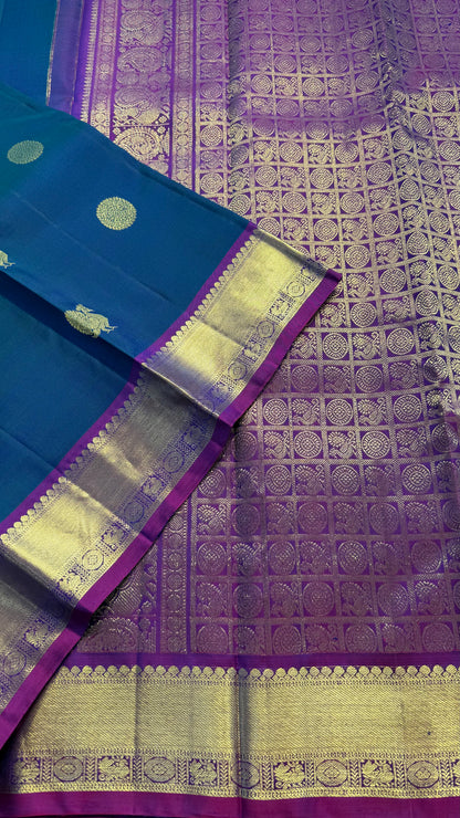 PEACOCK BLUE CONTRAST PURPLE GOLD ZARI HANDLOOM KANCHIPURAM SILK SAREE (KSS378)