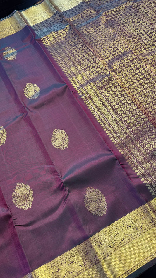 PURPLISH GREEN GOLD ZARI HANDLOOM KANCHIPURAM SILK SAREE (KSS420)