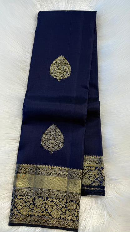 NAVY BLUE GOLD ZARI HANDLOOM KANCHIPURAM SILK SAREE (KSS347)