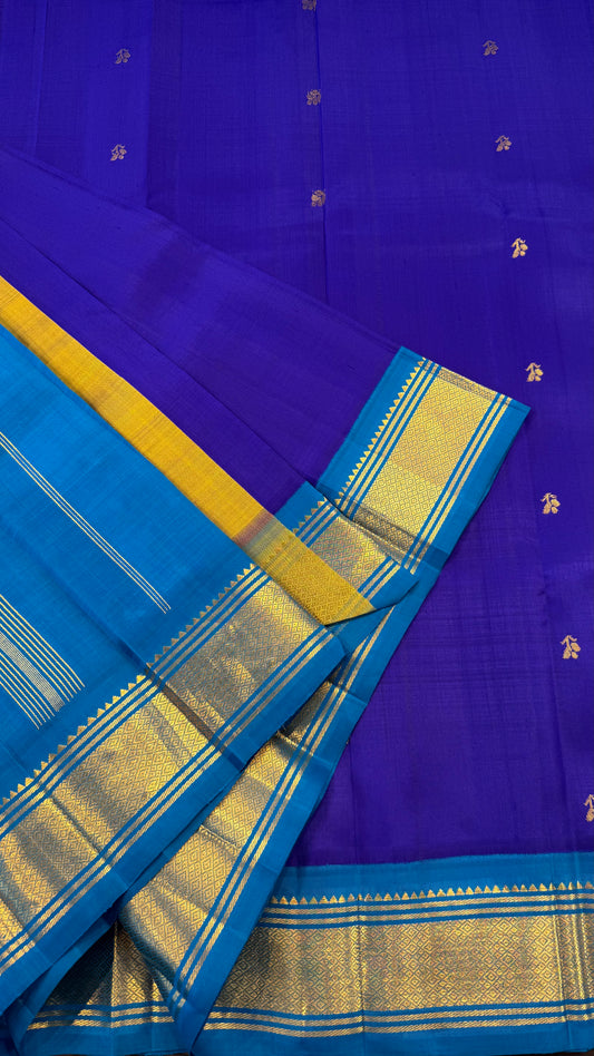 VIOLETISH BLUE WITH CONTRAST SKY BLUE PURE HANDLOOM KANCHIPURAM SINGLE SIDE BORDER SILK SAREE (KSSB13)