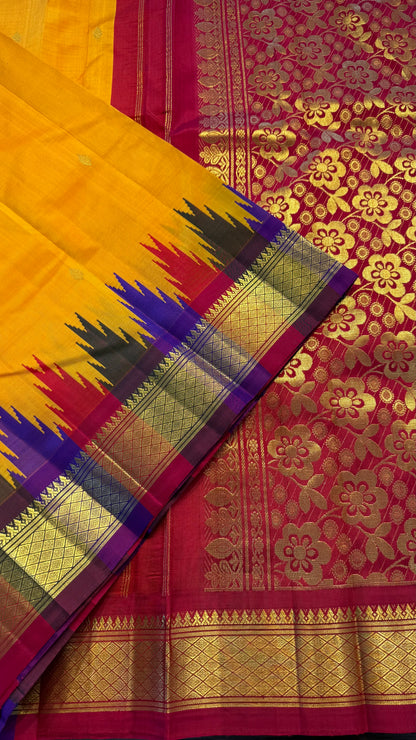 YELLOW WITH CONTRAST PURPLE AND PINK PURE HANDLOOM KANCHIPURAM SINGLE SIDE BORDER SILK SAREE (KSSB35)