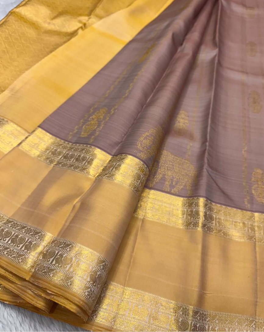 APRICOT RETTA PETTA PURE KANCHIPURAM HANDLOOM SILK SAREE