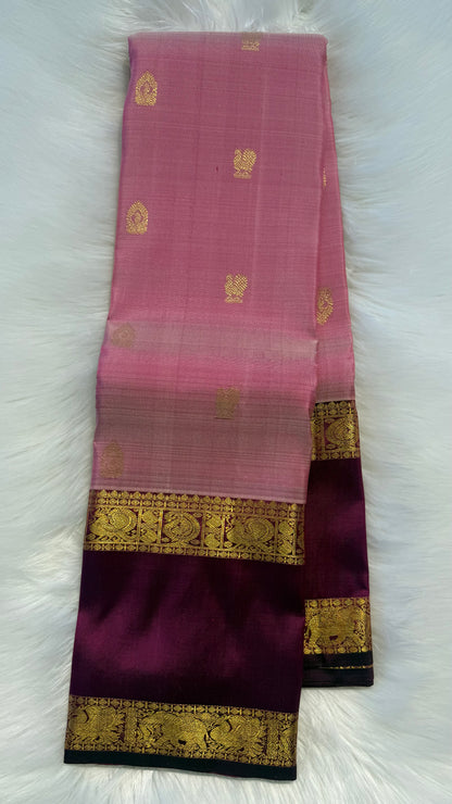LIGHT PASTEL PINK WITH CONTRAST VADAMALLI PURPLE KANICHIPURAM HANDLOOM SILK SAREE (KSS429)