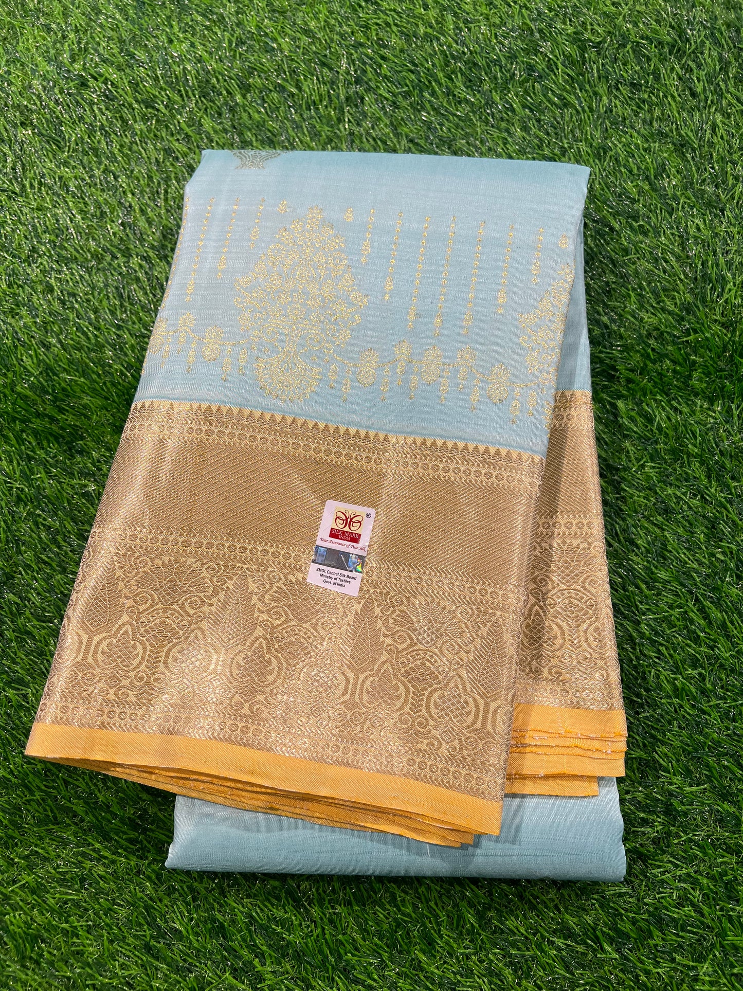 POWDER BLUE CONTRAST LIGHT YELLOW KANCHIPURAM HANDLOOM SILK SAREE