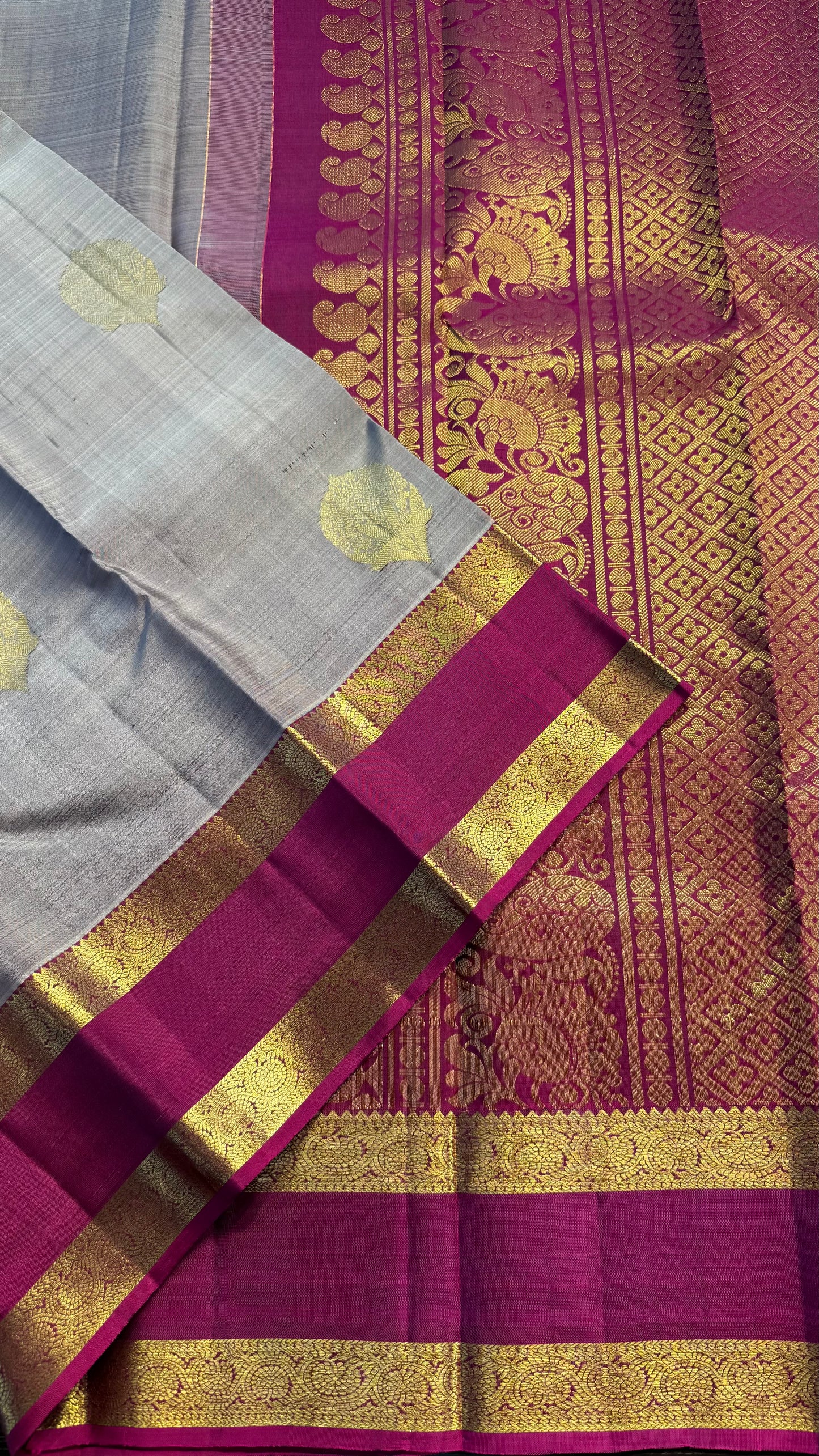 DUAL TONE TAUPRE GREY WITH CONTRAST MAGENTA GOLD ZARI HANDLOOM KANCHIPURAM SILK SAREE (KSS354)