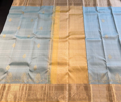 POWDER BLUE CONTRAST LIGHT YELLOW KANCHIPURAM HANDLOOM SILK SAREE