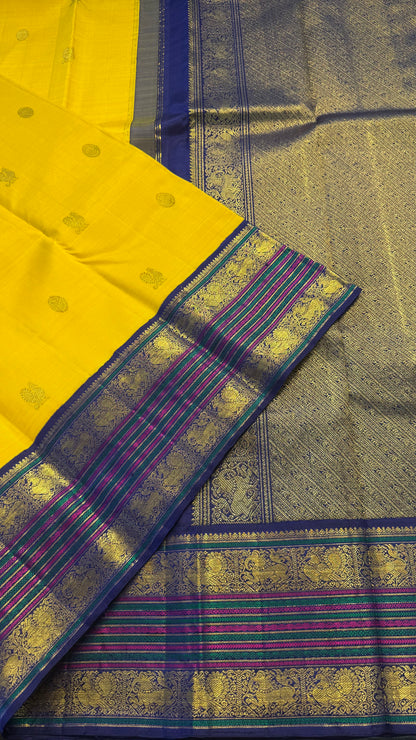 BRIGHT YELLOW WITH CONTRAST PINK GOLD ZARI HANDLOOM KANCHIPURAM SILK SAREE (KSS109)