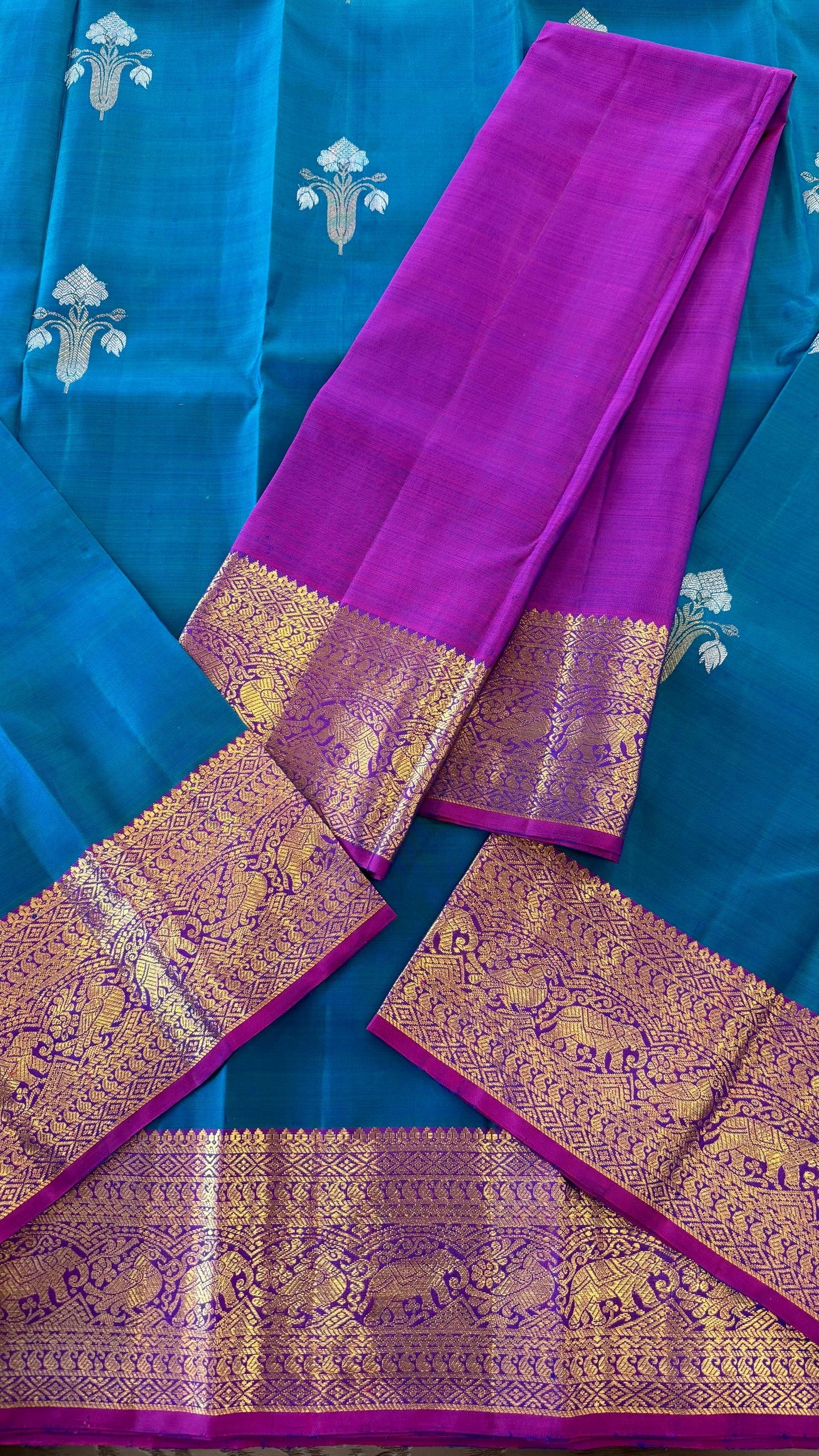 TEAL BLUE GREEN WITH CONTRAST PURPLE GOLD ZARI HANDLOOM KANICHIPURAM SILK SAREE (KSS153)
