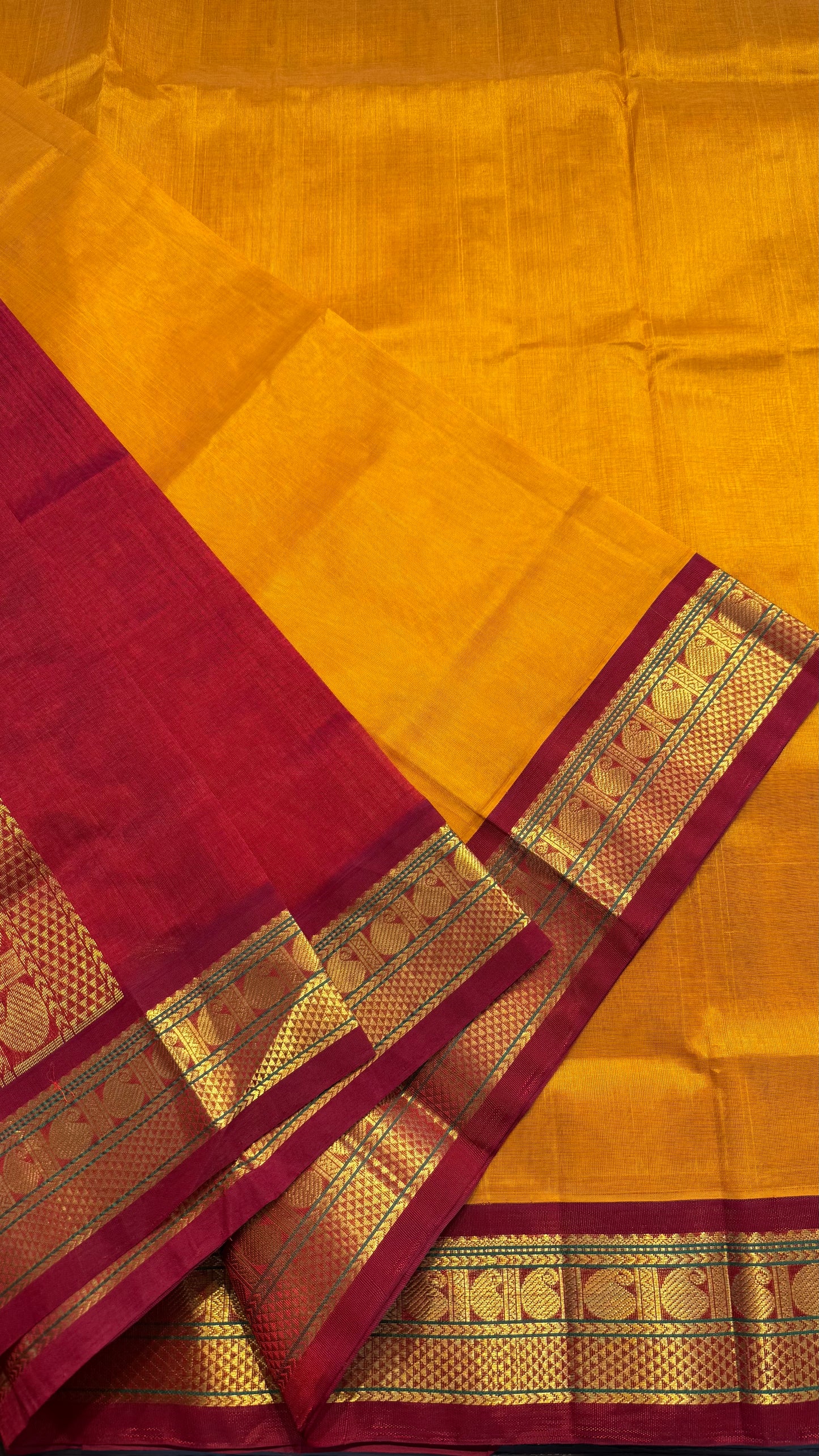MANGO YELLOW WITH RED BORDER HANDLOOM KANCHIPURAM SILK COTTON (KSC66)