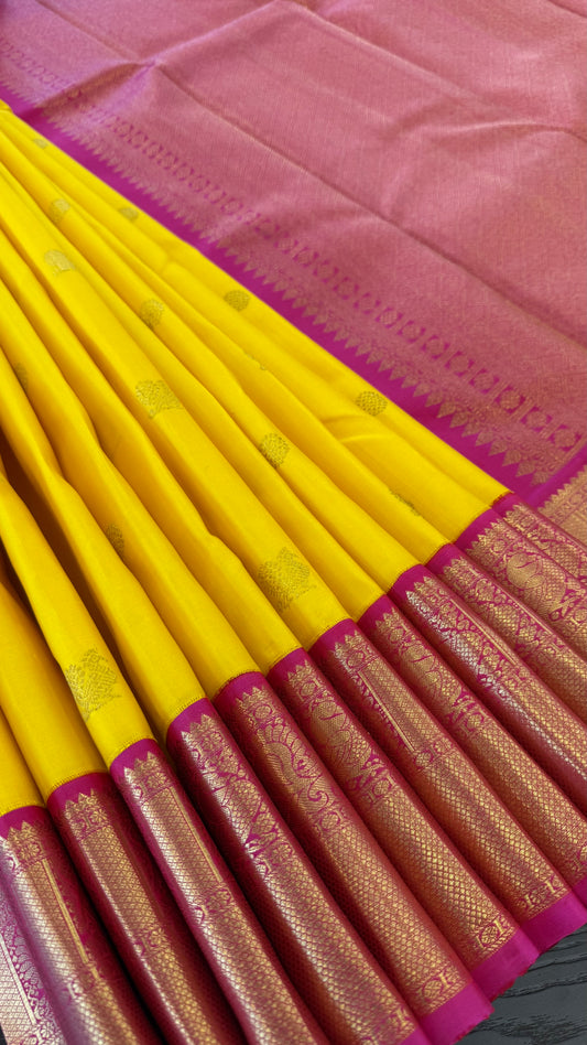 BRIGHT YELLOW WITH CONTRAST PINK GOLD ZARI HANDLOOM KANICHIPURAM SILK SAREE (KSS109)