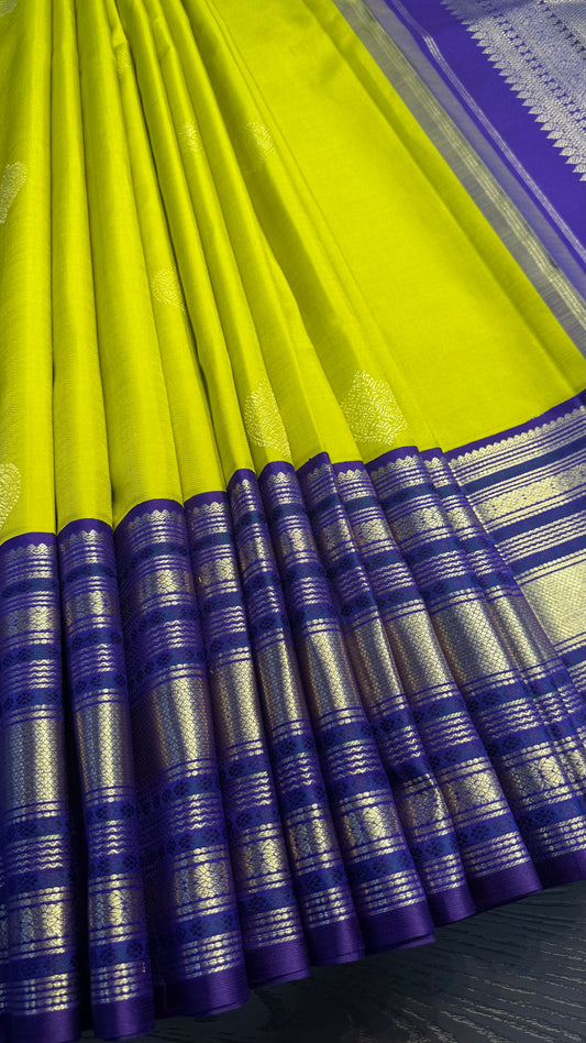 LIME YELLOW WITH CONTRAST PURPLE GOLD ZARI HANDLOOM KANCHIPURAM SILK SAREE (KSS448)