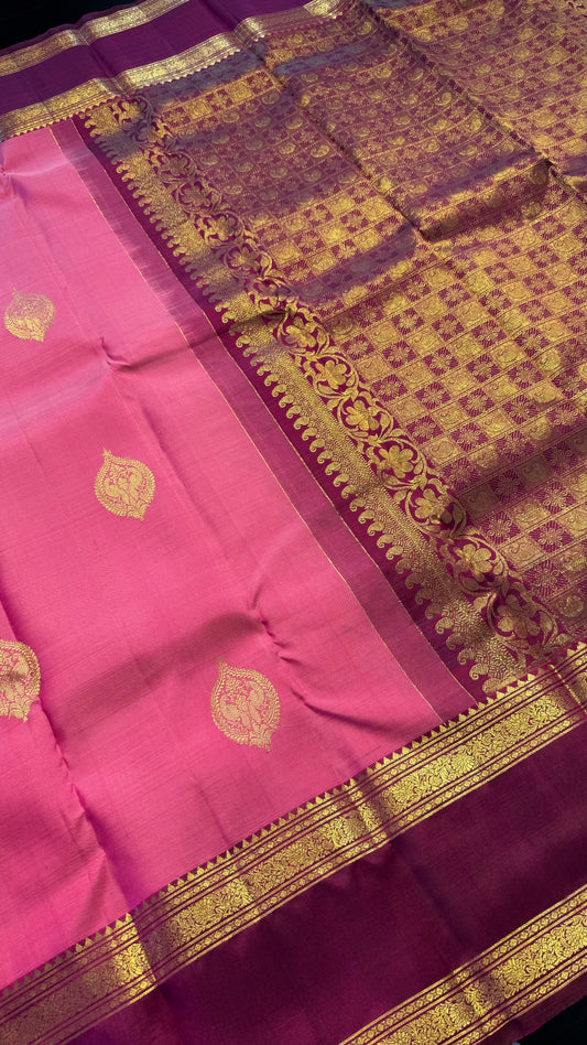 STRAWBERRY PINK WITH CONTRAST BURGUNDY KANCHIPURAM HANDLOOM SILK SAREE (KSS350)