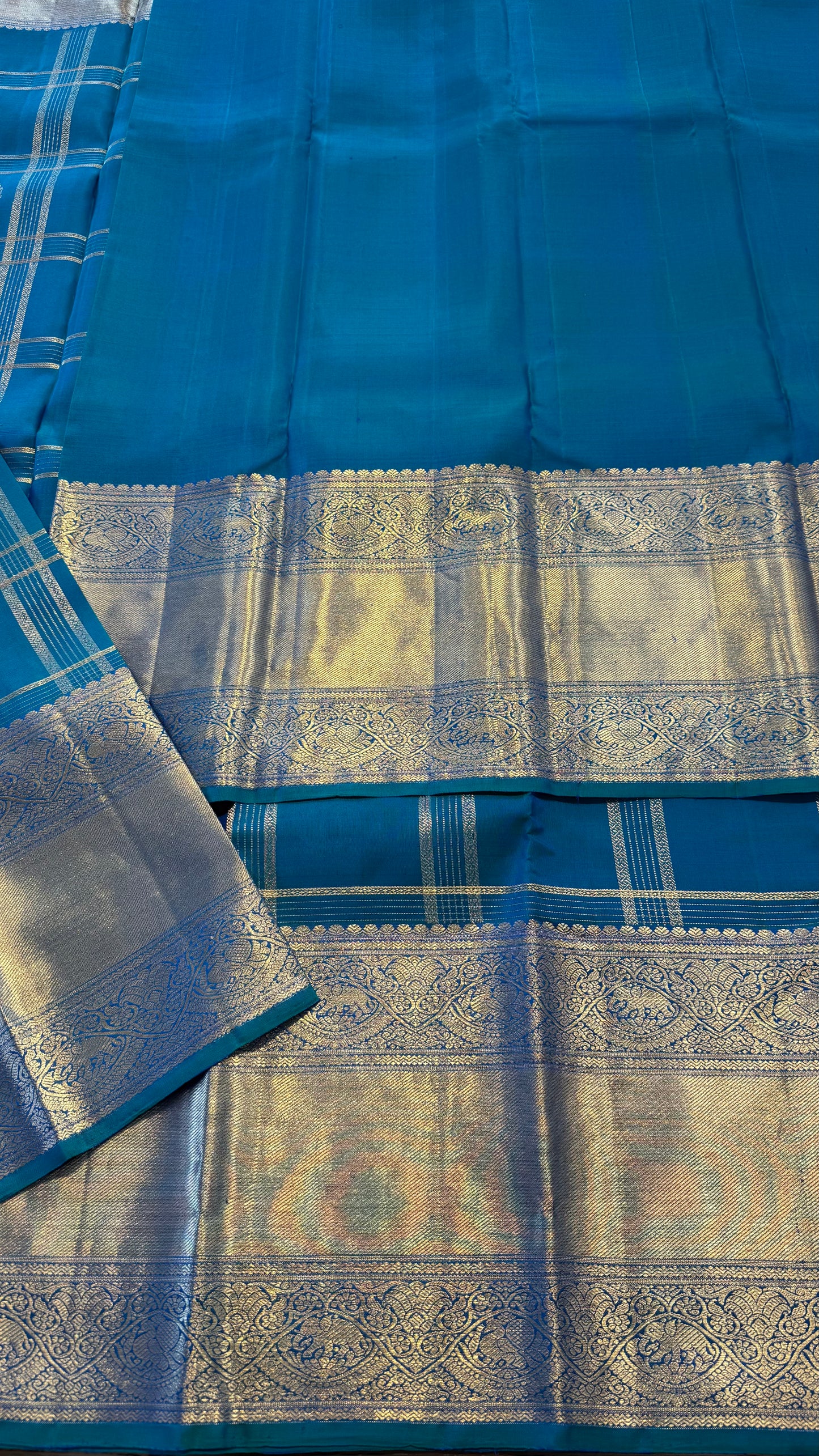 DUAL TONE PEACOCK BLUE GOLD ZARI HANDLOOM KANCHIPURAM SILK SAREE (KSS486)